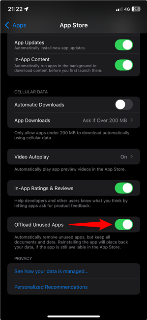 Use the Offload Unused Apps switch to turn the setting or or off