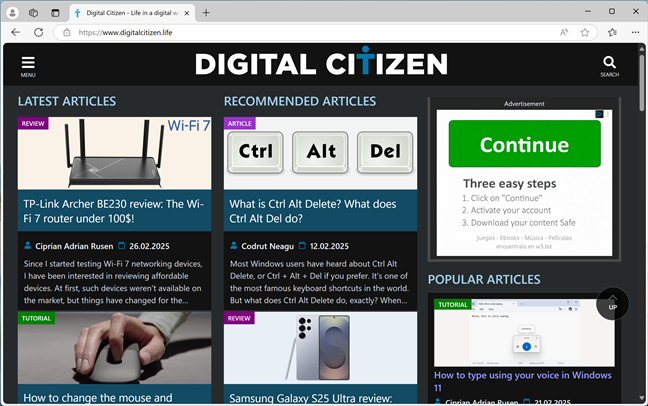 Digital Citizen using Edge's Auto Dark Mode for Web Contents