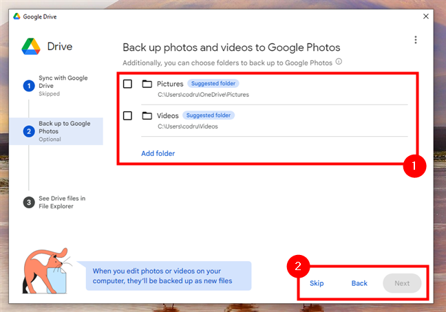 Choose picture and video folders to sync or skip this step