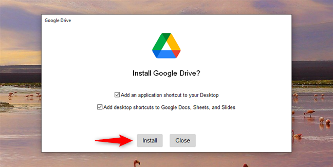 Choosing shortcuts for Google Drive and starting the installation process