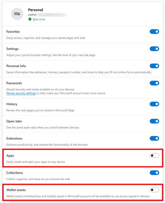 Choosing to not sync some features in Edge