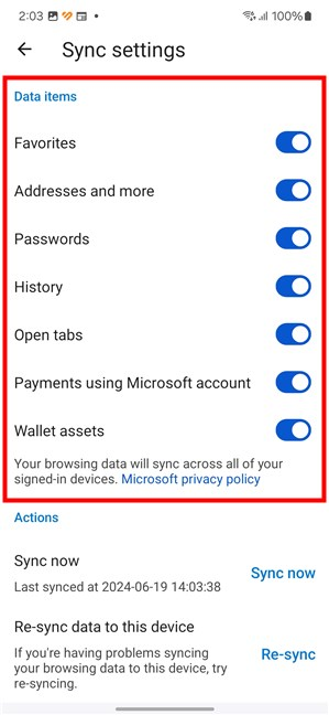 The features synced by Edge on Android