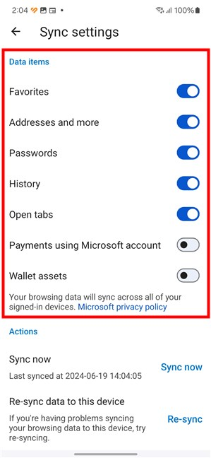 Stop syncing some features in Edge for Android