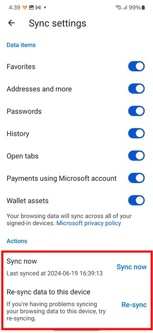Edge for Android lets you Sync now or Re-sync data on this device