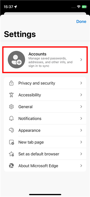 Tap Accounts in Edge for iPhone