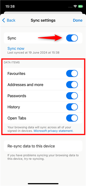 The Sync switch is on, as are the Data Items