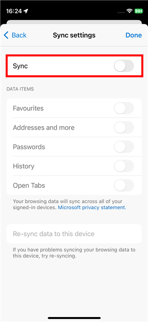 Disable the Sync switch in Edge for iPhone
