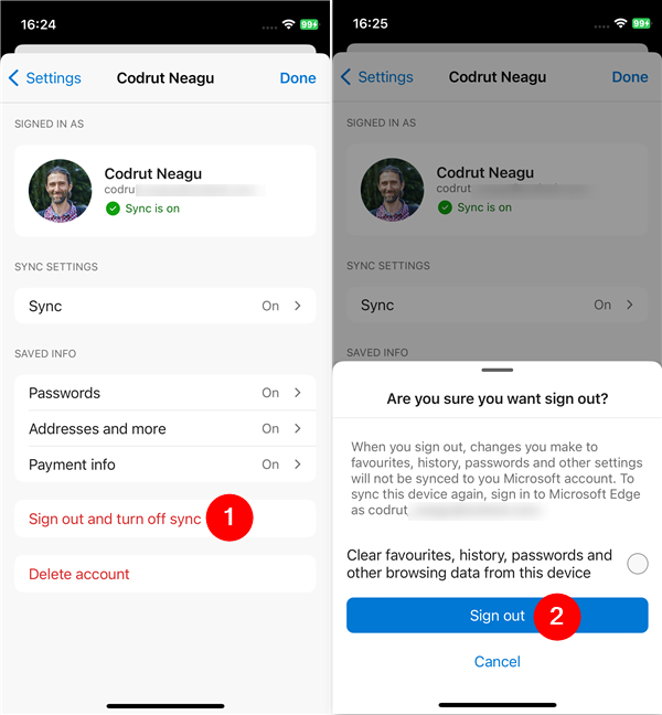 Sign out and turn off sync in Edge for iOS