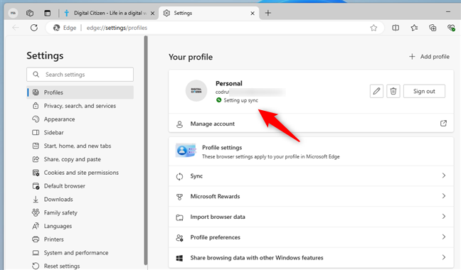 Microsoft Edge is Setting up sync