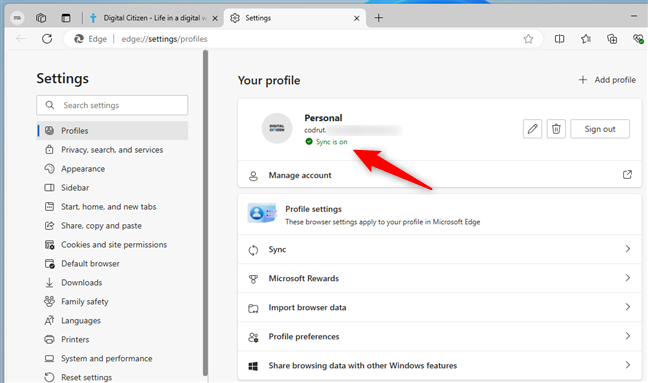 Sync is on in Microsoft Edge