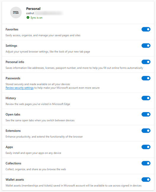 The features and data types Microsoft Edge can sync