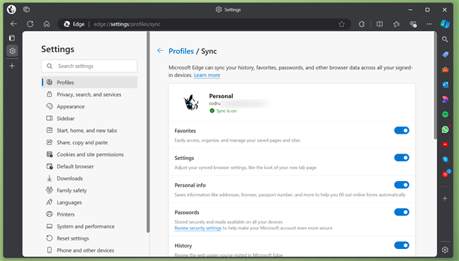 Syncing options in Microsoft Edge