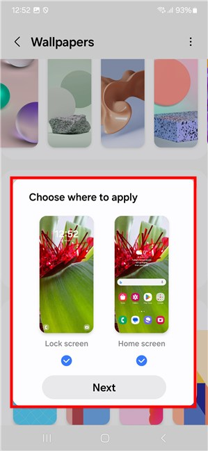 Choose where to apply the wallpaper on your Samsung Android