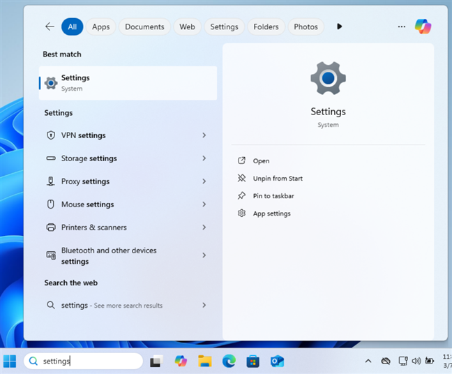 Search for Settings in Windows 11