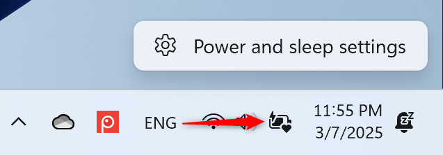 Right-click the battery icon and choose Power and sleep settings