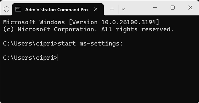 Start ms-settings from CMD