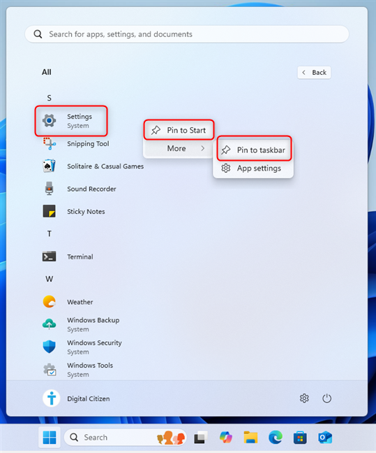 Pin Settings to Start or the taskbar