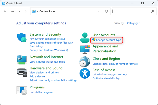 In the Control Panel, click or tap Change account type