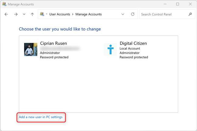 Click or tap Add a new user in PC Settings