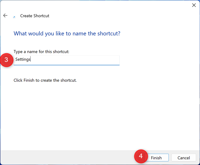 Name your shortcut Settings