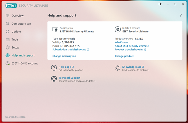 Help and Support options available in ESET HOME Security Ultimate