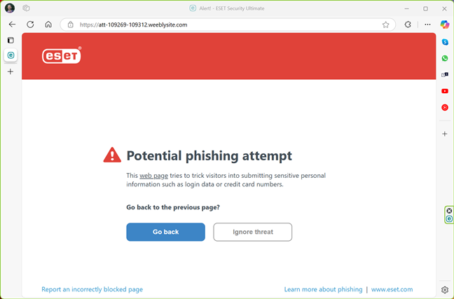 Phishing website blocked by ESET HOME Security Ultimate