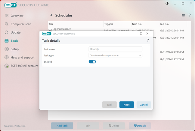 Scheduling a monthly scan in ESET HOME Security Ultimate