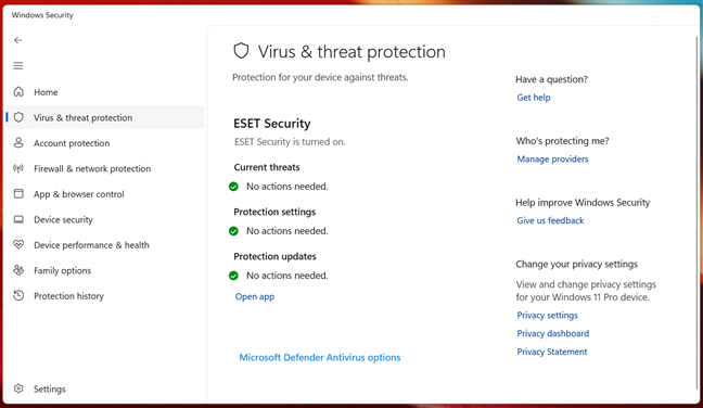 Windows Security sharing the status of ESET Security