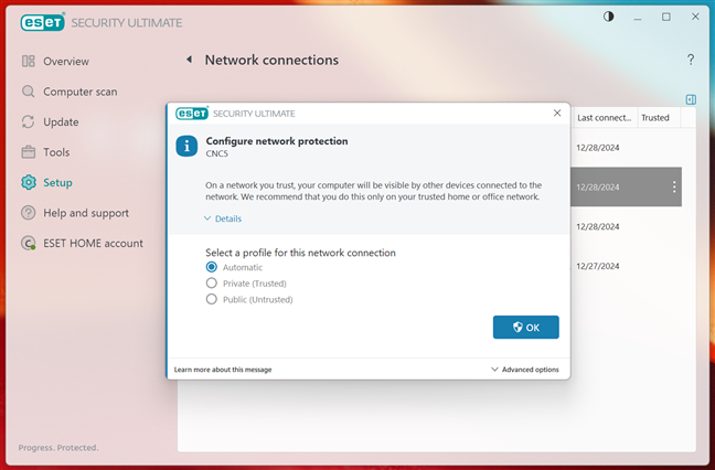 ESET firewall options for the network protection type