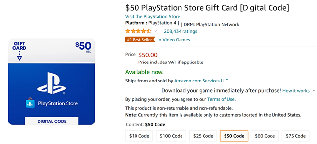 Playstation Store $100 gift Card digital code USA region