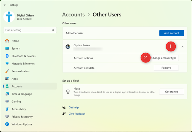 Select the user and click or tap Change account type