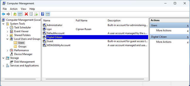 In Computer Management, go to Local Users and Groups > Users