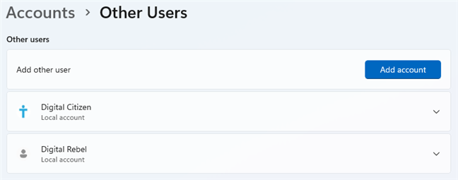 New user accounts are set as standard accounts