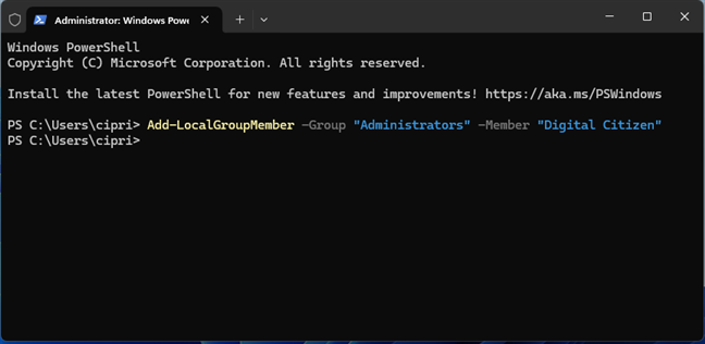 Setting a user as Administrator using PowerShell