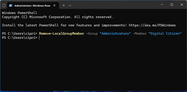 Removing a user from the Administrators group using PowerShell