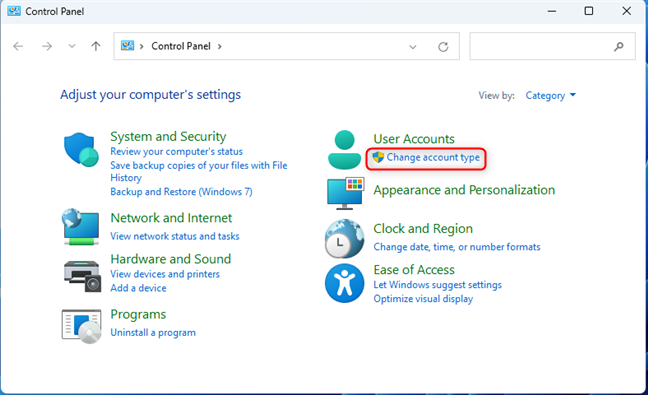 In the Control Panel, click or tap Change account type