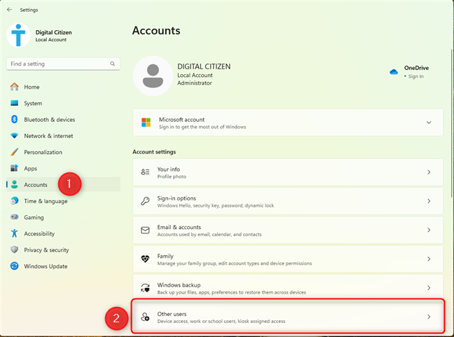 In Windows 11 Settings, go to Accounts > Other users