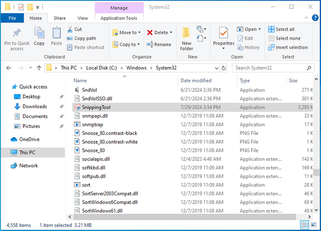 The location of the Snipping Tool file in Windows 10