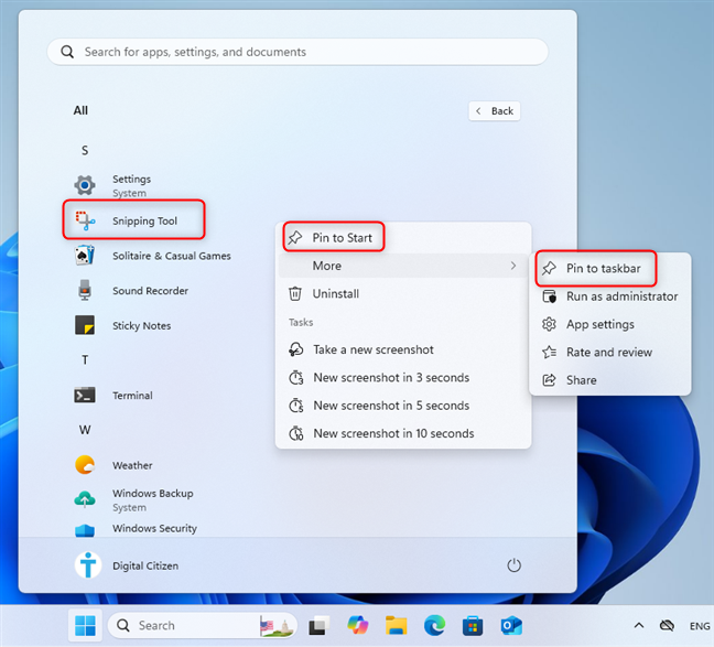 Pinning the Snipping Tool shortcut to Start or the taskbar in Windows 11