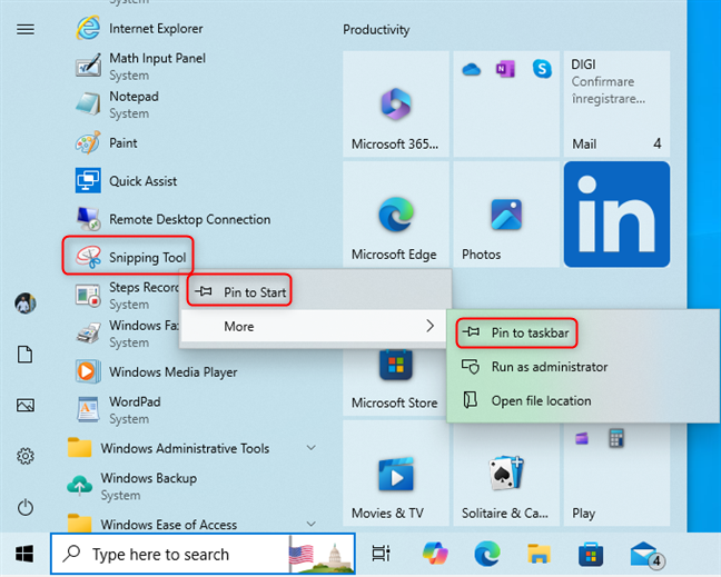 Pinning the Snipping Tool shortcut to Start or the taskbar in Windows 10