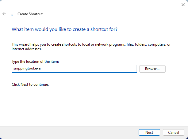 Creating a Snipping Tool shortcut