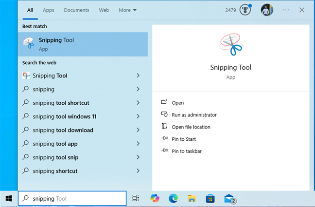 Searching for the Snipping Tool in Windows 10