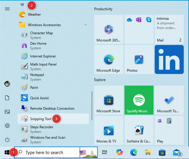 Accessing the Snipping Tool shortcut in the Windows 10 Start Menu