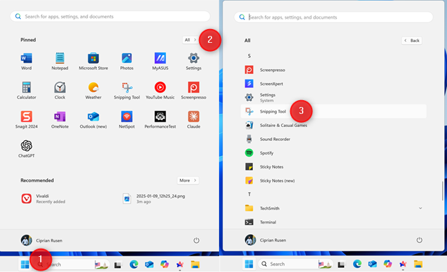 Accessing the Snipping Tool shortcut in the Windows 11 Start Menu