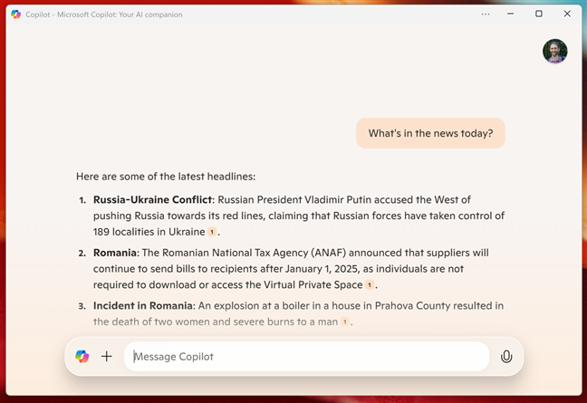 Asking the Copilot for today's headlines