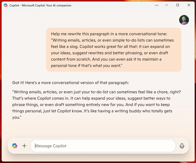 Using the Copilot to rewrite some text