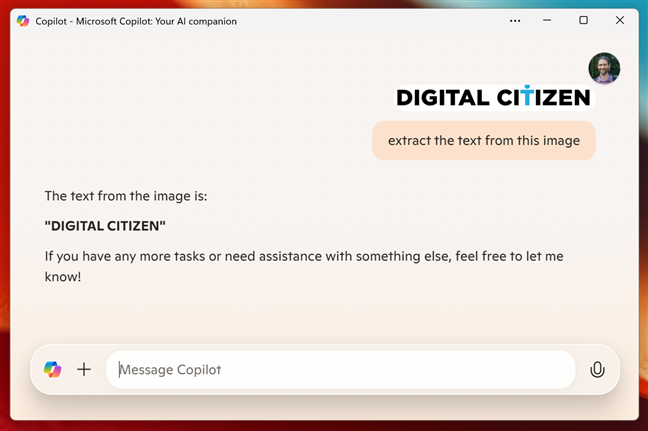 Copilot extracting text from an image
