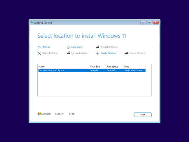 Select the partition on which you want to install Windows 11