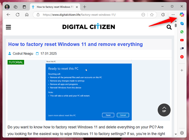 The Copilot button in Microsoft Edge