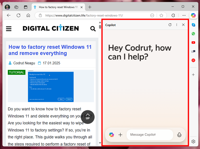 The Copilot sidebar in Microsoft Edge